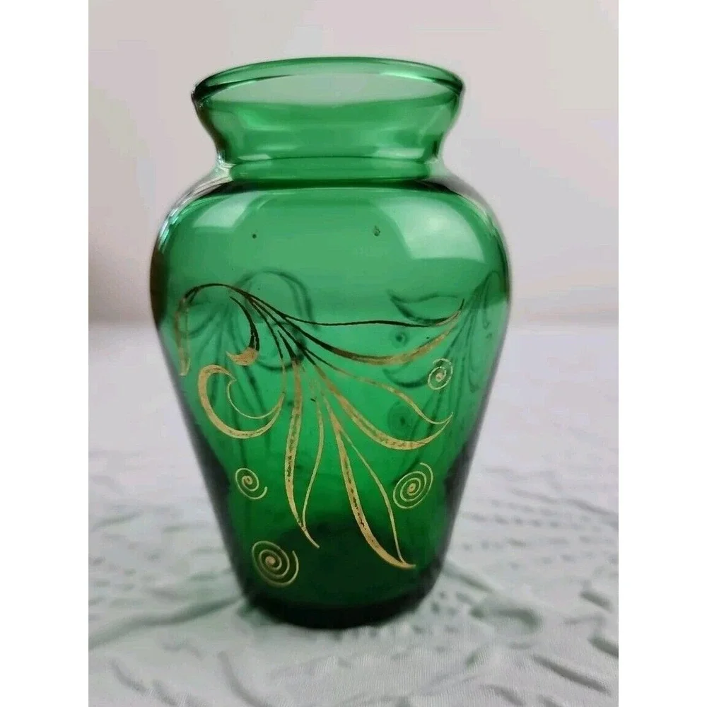 Vintage Anchor Hocking Emerald Green Glass Bud Vase Gold Accents 3.75